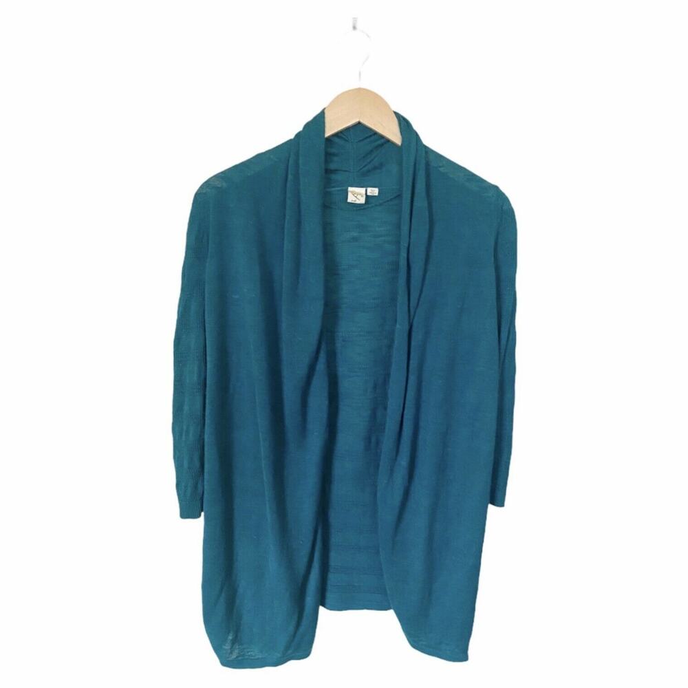 ANTHROPOLOGIE Open Front Cardigan Sweater Long Sleeve Green Ramie Teal Small EUC